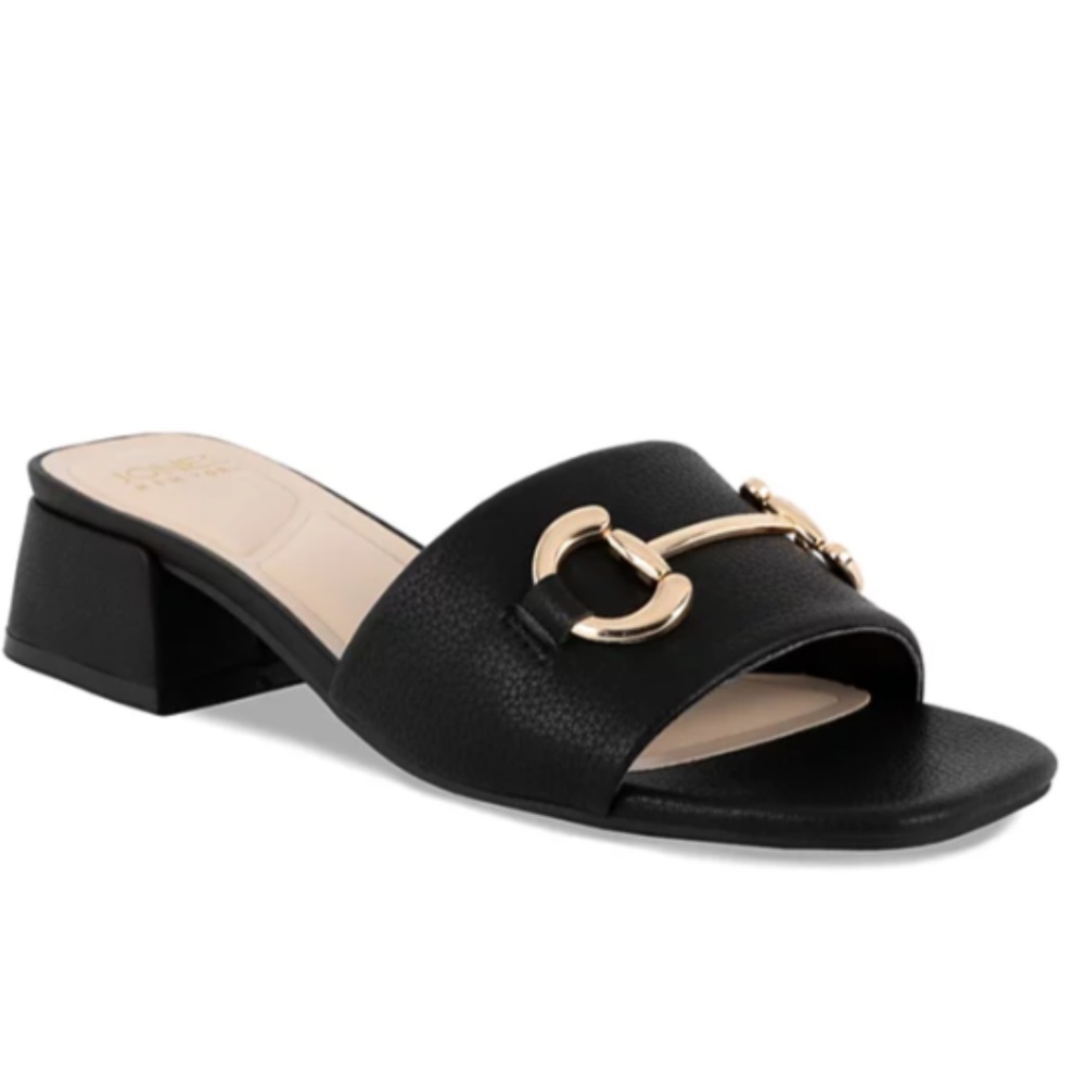 Jones New York Black Leather Slide Sandals with Gold Hardware